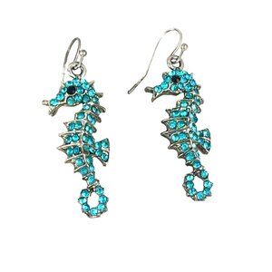 Vintage Seahorse Earrings With Aqua Rhinestones